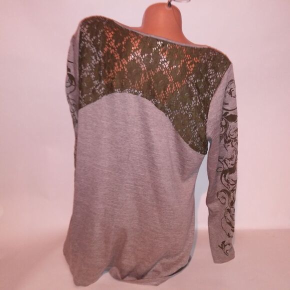 One World Knit Top Plus Size 1X Green Crochet Studded Bling Long Sleeve Boho - Picture 7 of 9